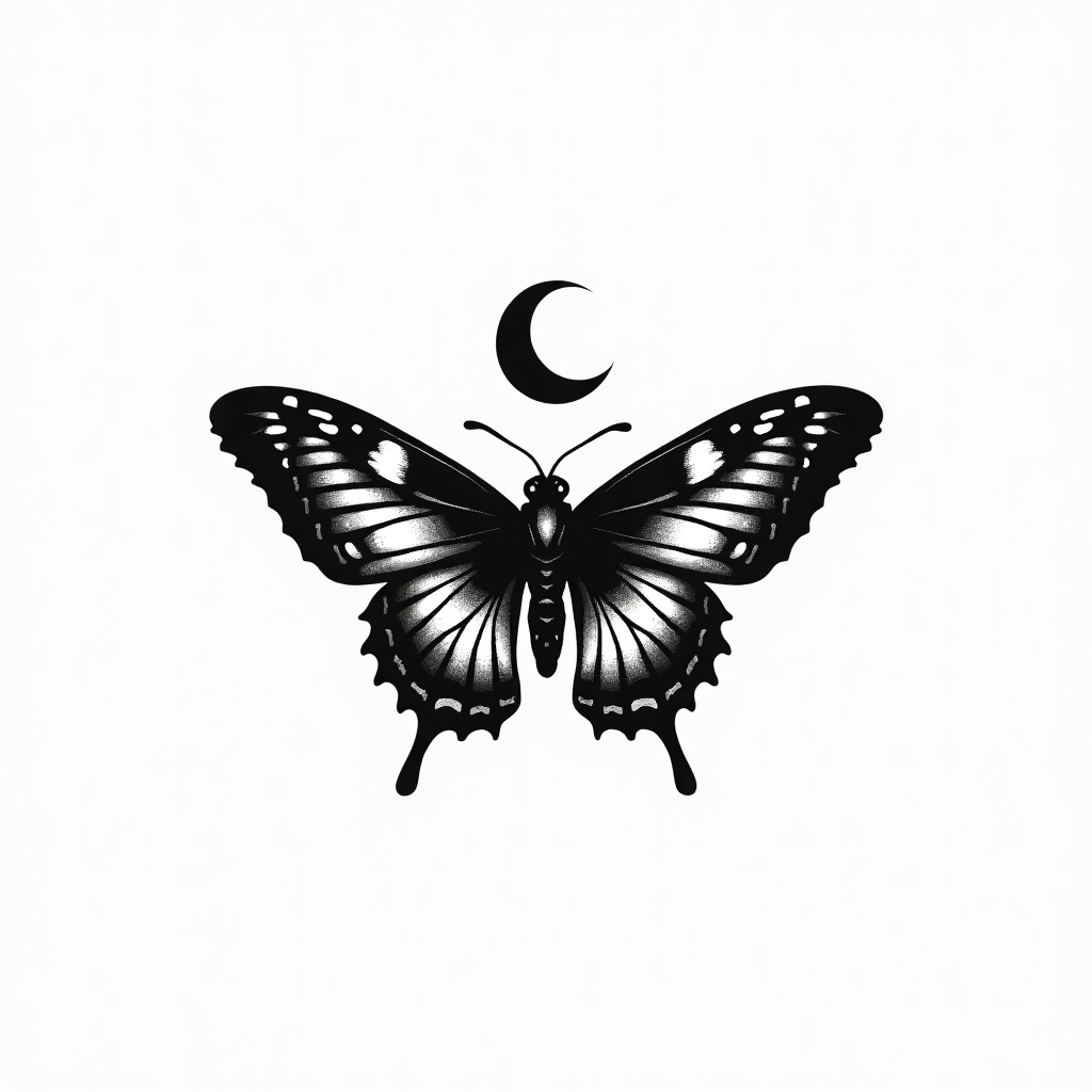 Flat blackwork moth tattoo design on white