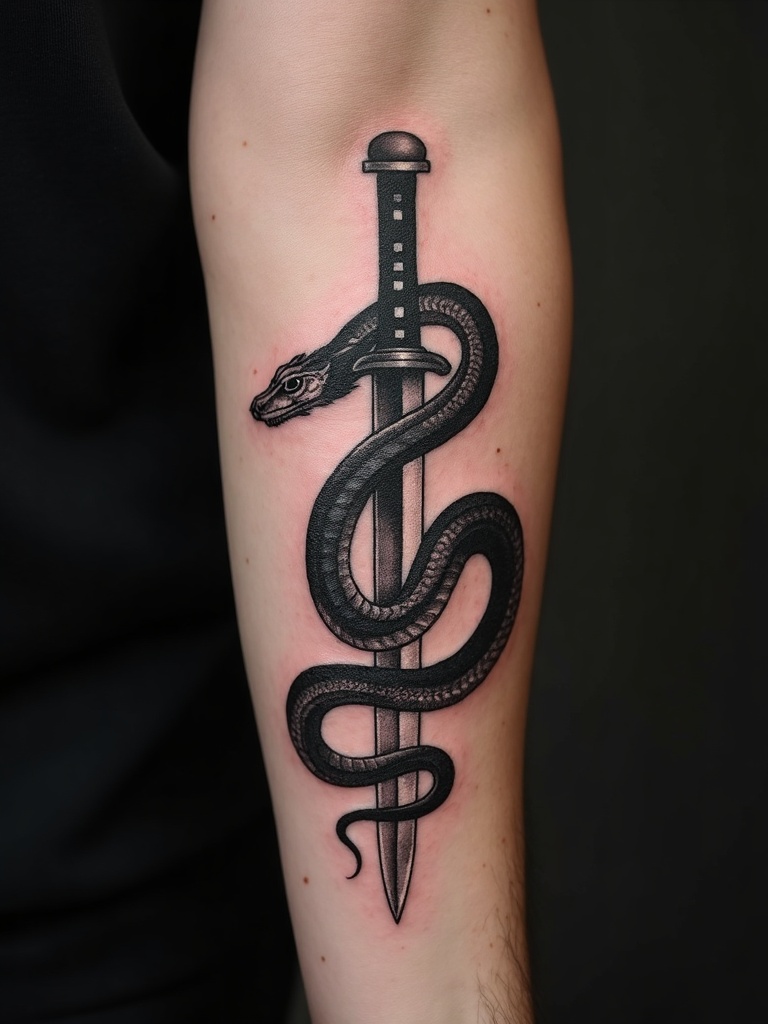Photorealistic blackwork serpent-and-dagger tattoo on a forearm, generated by InkForge