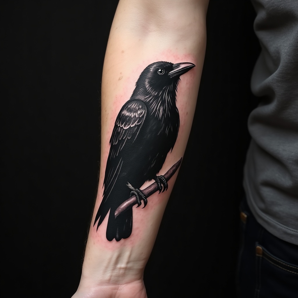 Photorealistic blackwork raven tattoo on a forearm