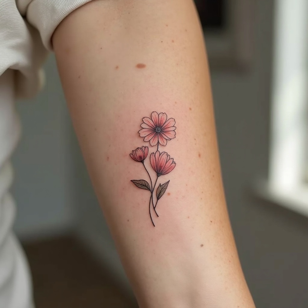 Photorealistic fine-line floral tattoo on an inner forearm