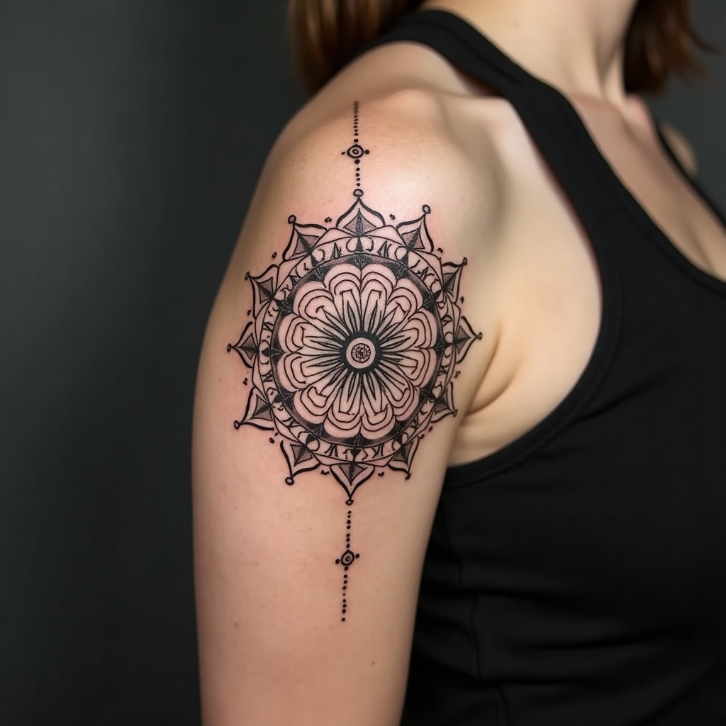 Photorealistic geometric mandala tattoo on an upper arm