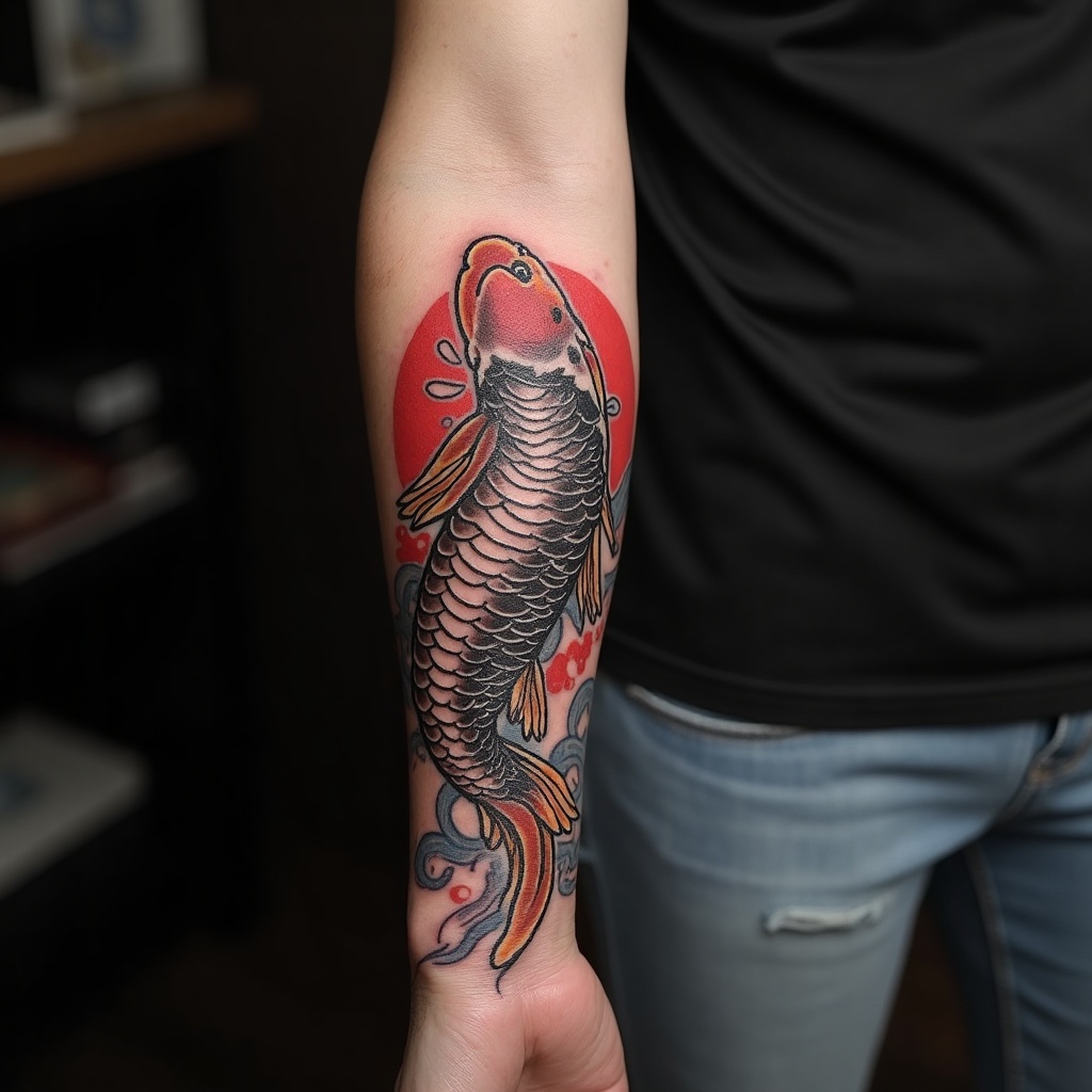 Photorealistic Japanese irezumi koi tattoo on a forearm