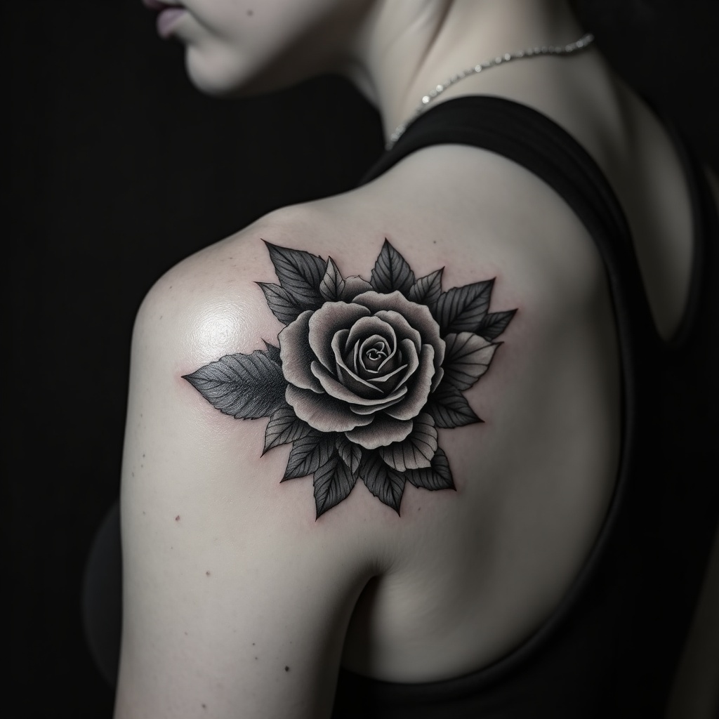 Photorealistic black and grey realism rose tattoo on a shoulder
