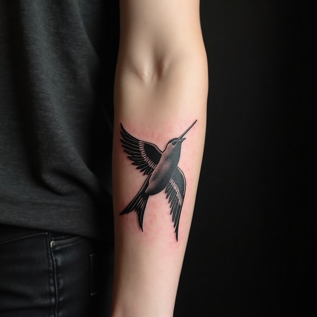 Photorealistic American traditional swallow tattoo on a forearm