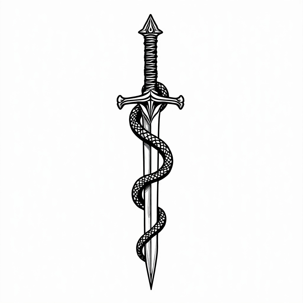 Tattoo stencil line art of a serpent and dagger
